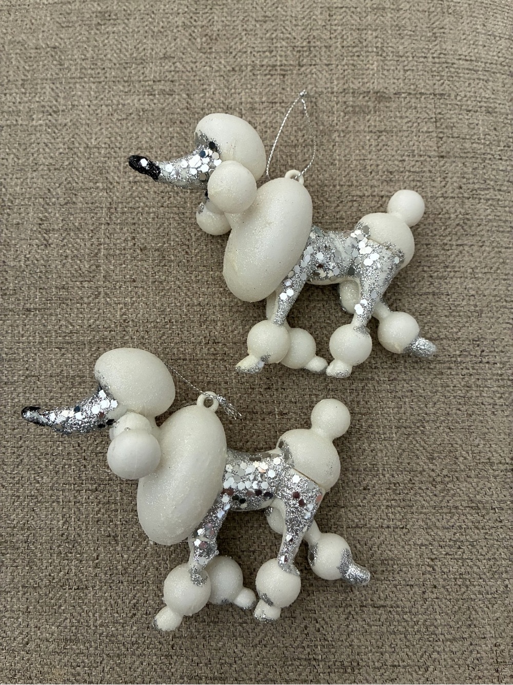 White Glitter French Poodle Dog Christmas Ornament Set of Two